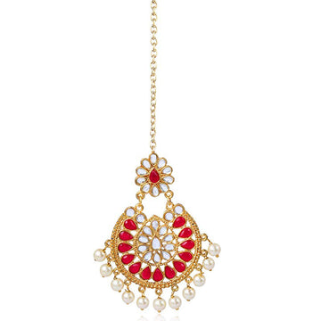 Traditional Gold Plated Red Stones Pearl Beads Kundan Maangtikka For Women