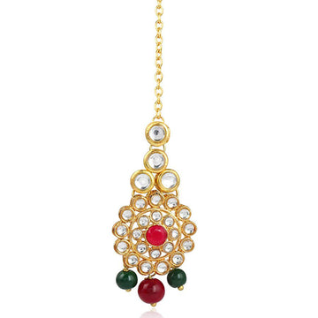 Traditional Gold Plated Red Stone Pearl Beads Kundan Maangtikka For Women