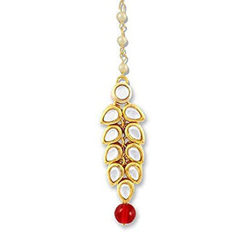 Traditional Gold Plated Red Beads Kundan Maangtikka For Women