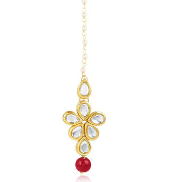 Traditional Gold Plated Red Beads Kundan Maangtikka For Women