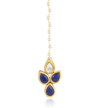 Traditional Gold Plated Blue Stone Kundan Maangtikka For Women