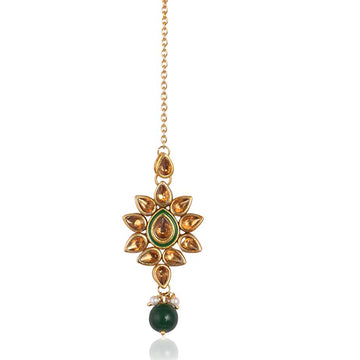 Traditional Gold Plated Green Beads Brown Kundan Maangtikka For Women