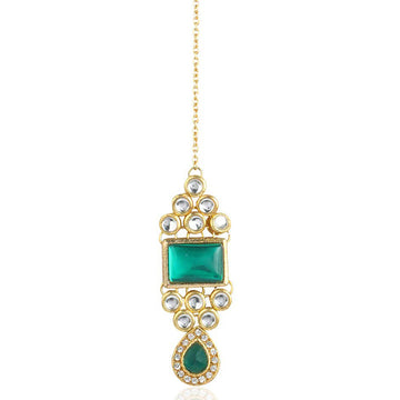 Traditional Gold Plated Green Stone Kundan Maangtikka For Women