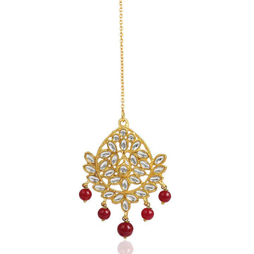 Traditional Gold Plated Red Beads Kundan Maangtikka For Women