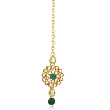 Traditional Gold Plated Green Stone Pearl Beads Kundan Maangtikka For Women