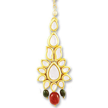 Traditional Gold Plated Green and Red Beads Kundan Maangtikka For Women