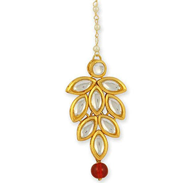 Traditional Gold Plated Red Beads Kundan Maangtikka For Women