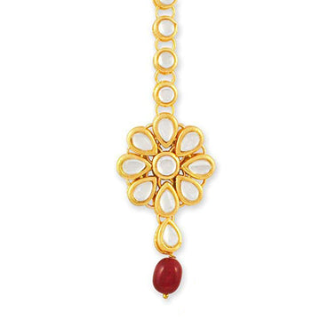 Traditional Gold Plated Red Beads Kundan Maangtikka For Women