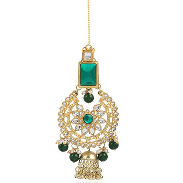 Traditional Gold Plated Jhumki Green Stone Kundan Maangtikka For Women