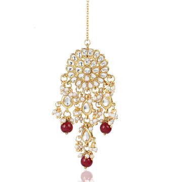 Traditional Gold Plated Red Beads Kundan Maangtikka For Women