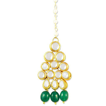 Traditional Gold Plated Green Beads Kundan Maangtikka For Women