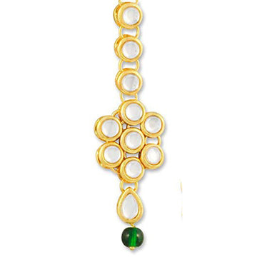 Traditional Gold Plated Green Beads Kundan Maangtikka For Women