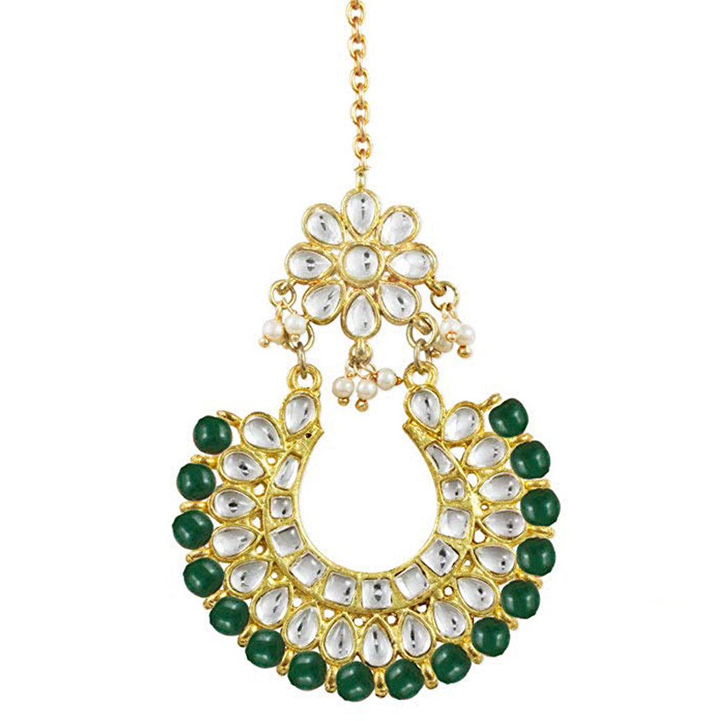 Traditional Gold Plated Green Beads Kundan Maangtikka For Women