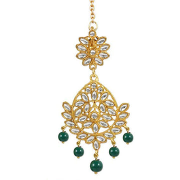 Traditional Gold Plated Green Beads Kundan Maangtikka For Women