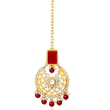 Traditional Gold Plated Red Beads Kundan Maangtikka For Women