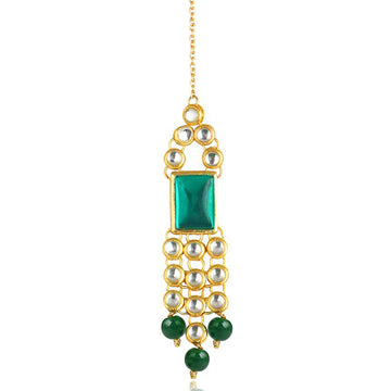 Traditional Gold Plated Green Stone Kundan Maangtikka For Women