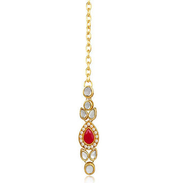 Traditional Gold Plated Red Stone Kundan Maangtikka For Women