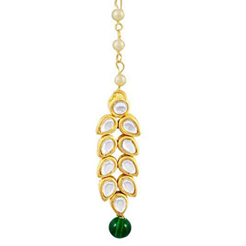 Traditional Gold Plated Green Beads Kundan Maangtikka For Women