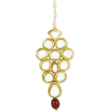 Traditional Gold Plated Red Beads Kundan Maangtikka For Women