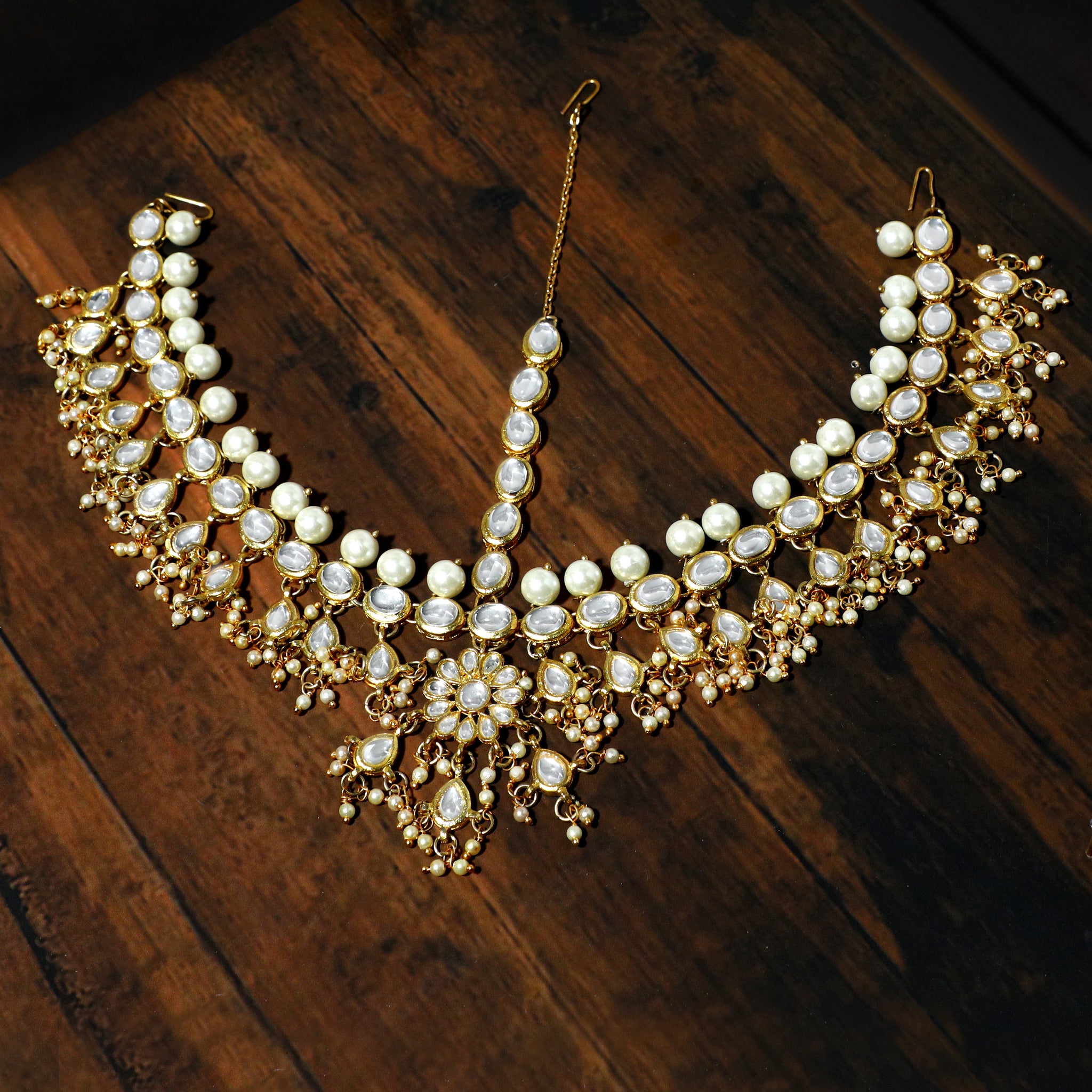 Gold-Tone Pearl Beads and Tassels Kundan Mathapatti