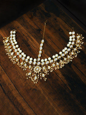 Gold-Tone Pearl Beads and Tassels Kundan Mathapatti