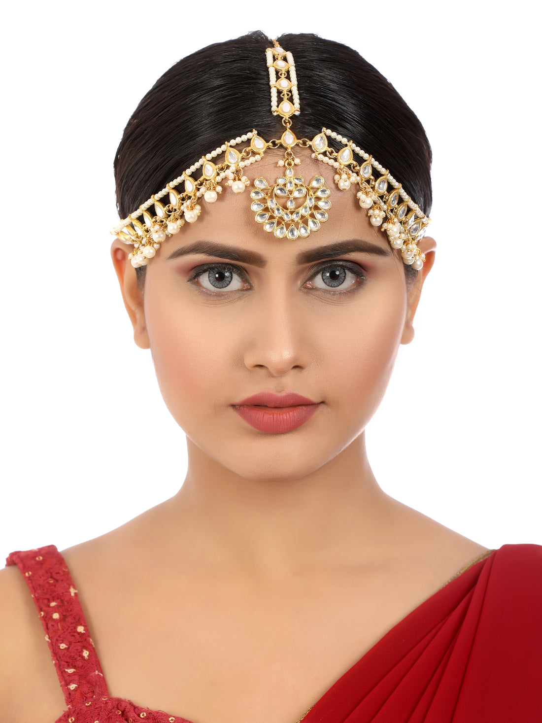 Gold-Tone Kundan Mathapatti with Pearl Beads