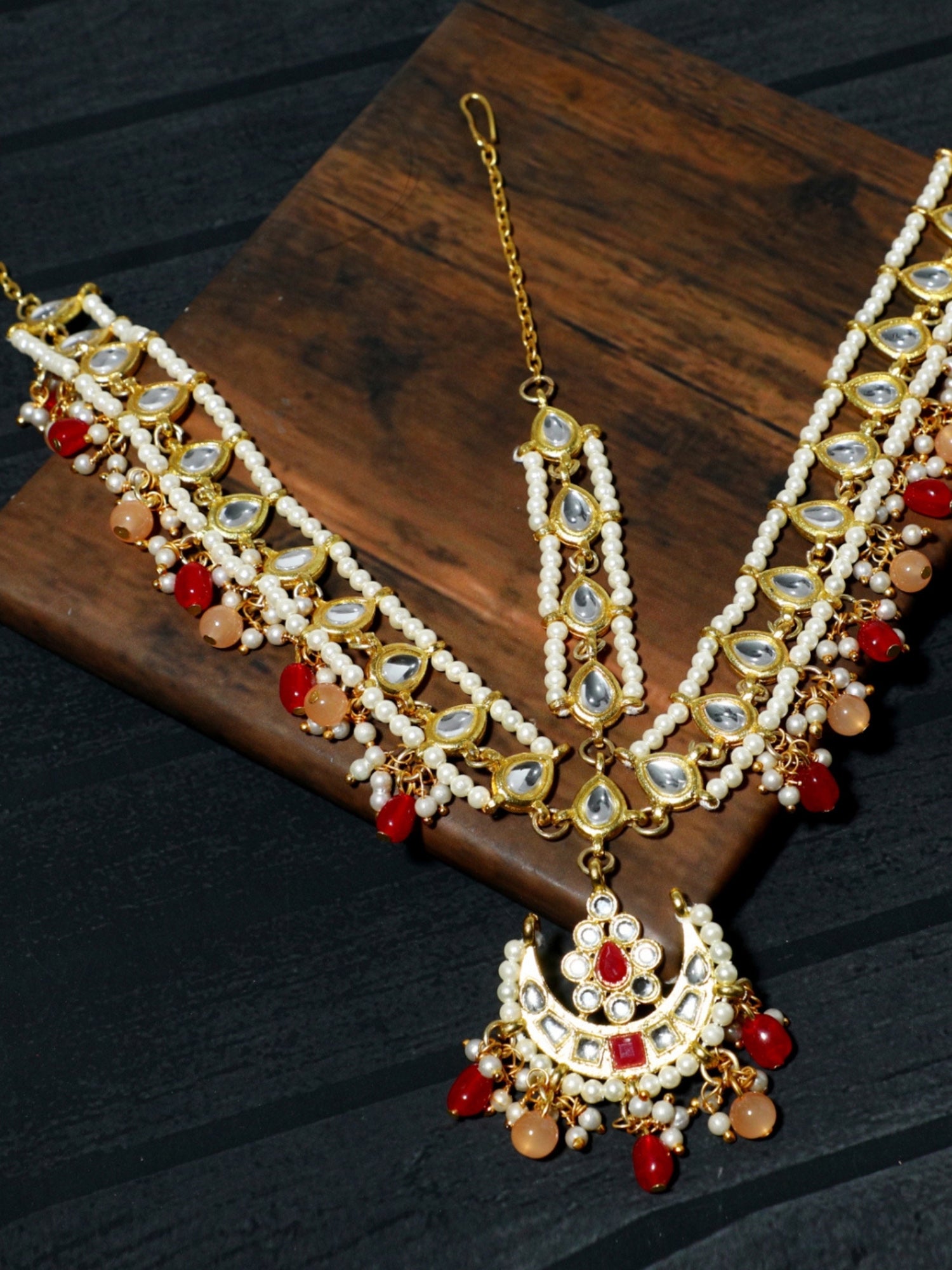 Gold-Tone Kundan Ruby and Peach Mathapatti