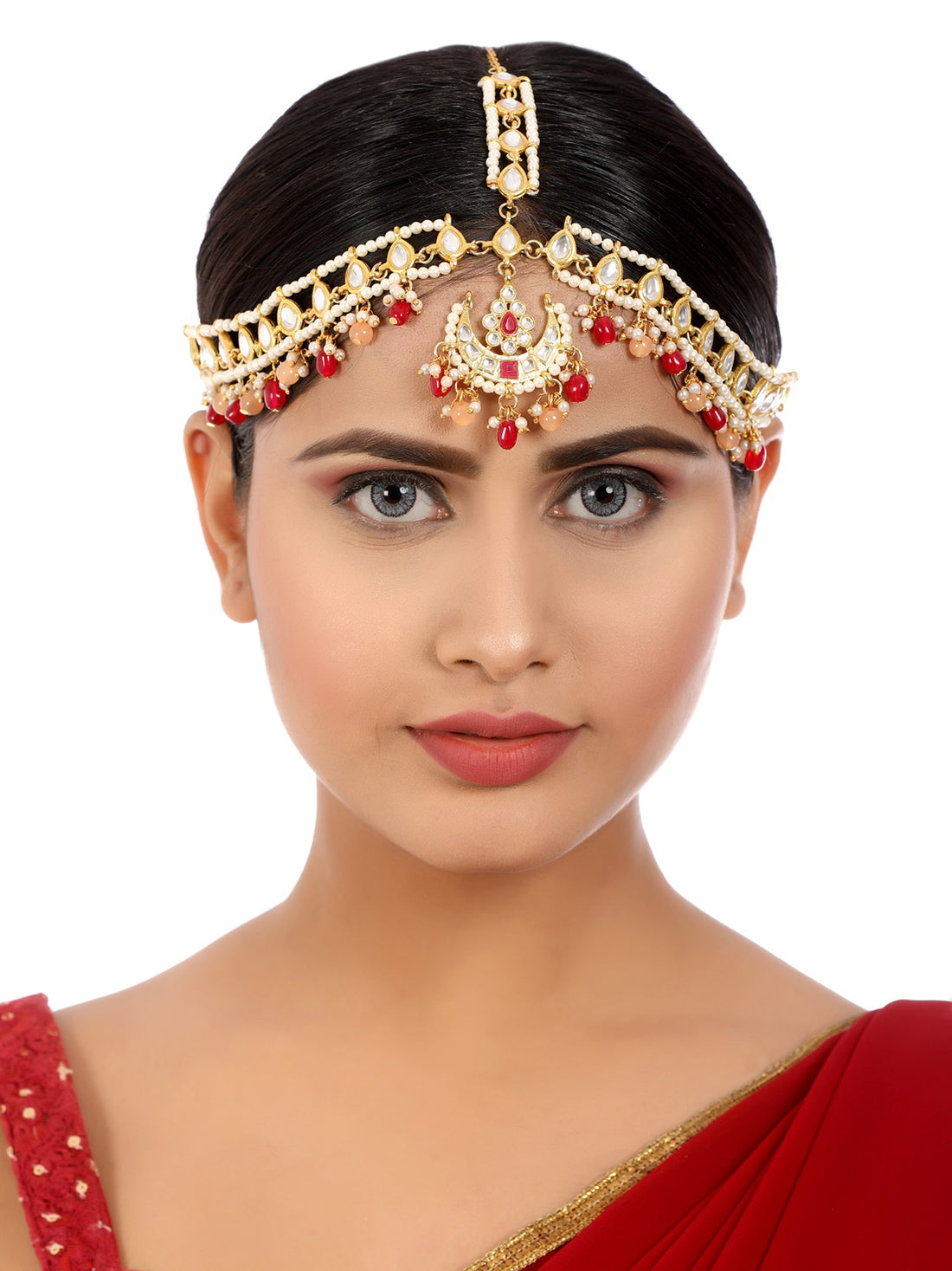 Gold-Tone Kundan Ruby and Peach Mathapatti