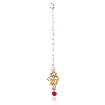 Traditional Gold Plated Red Beads Kundan Maangtikka for Women