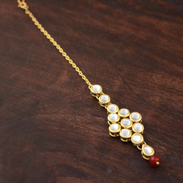 Traditional Gold Plated Red Beads Kundan Maangtikka for Women