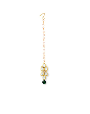 Traditional Gold Plated Green Beads Kundan Maangtikka for Women