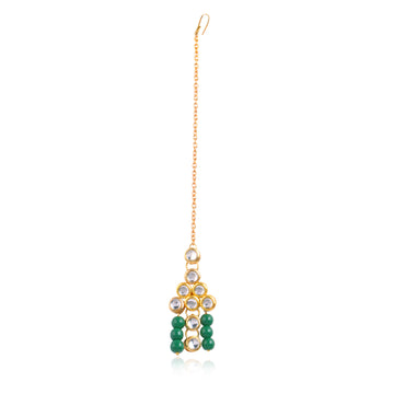 Traditional Gold Plated Green Beads Kundan Maangtikka for Women