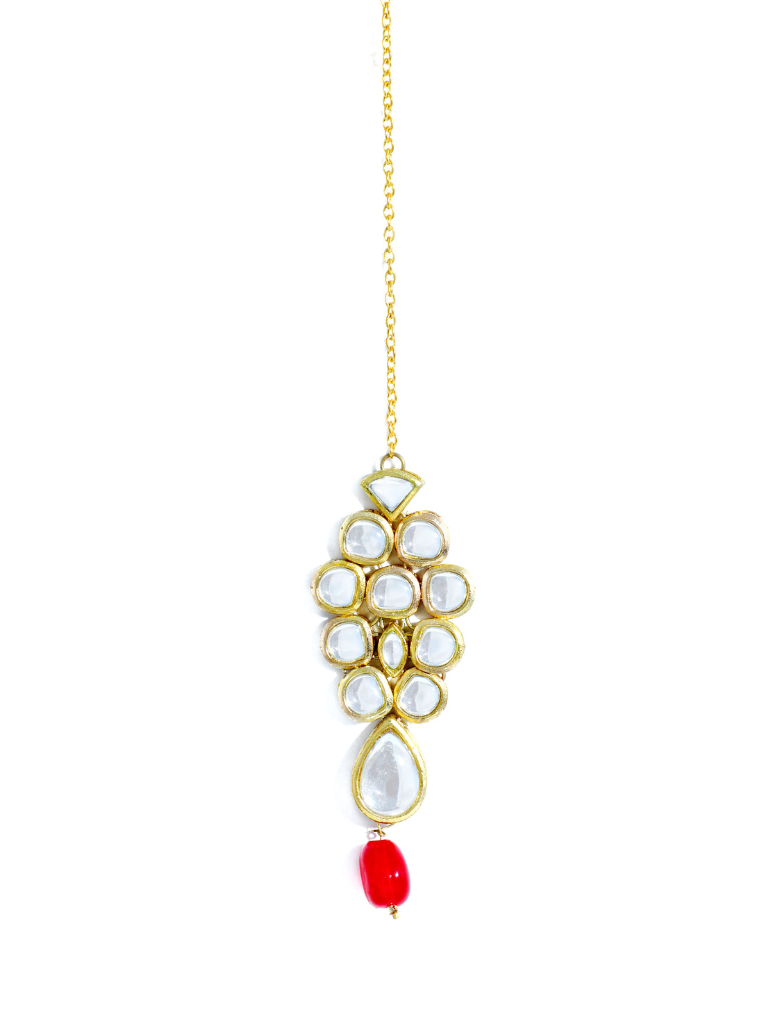 Traditional Gold Plated Red Beads Kundan Maangtikka for Women