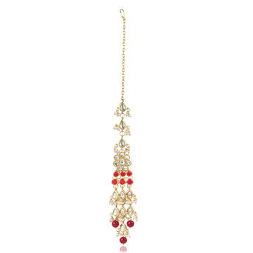 Traditional Gold Plated Red Beads Kundan Maangtikka for Women