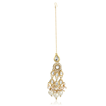 Traditional Gold Plated White Beads Kundan Maangtikka for Women