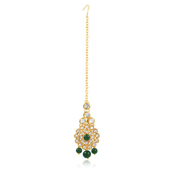 Traditional Gold Plated Green Stone Kundan Maangtikka for Women