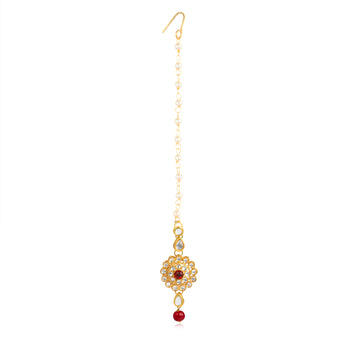 Traditional Gold Plated Red Beads Kundan Maangtikka with Red Center for Women