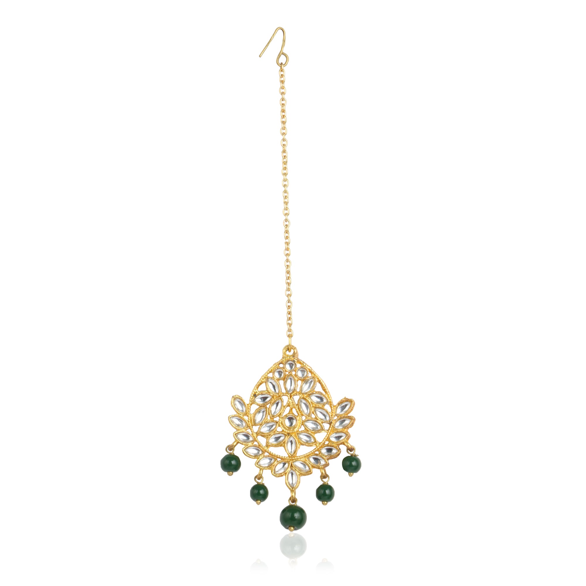 Traditional Gold Plated Green Beads Kundan Maangtikka for Women