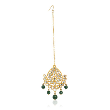 Traditional Gold Plated Green Beads Kundan Maangtikka for Women