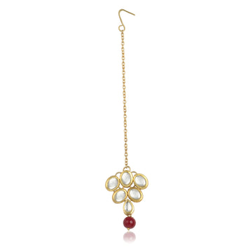 Traditional Gold Plated Red Beads Kundan Maangtikka for Women