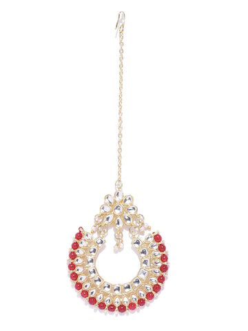 Traditional Gold Plated Red Beads Studded Kundan Maangtikka for Women