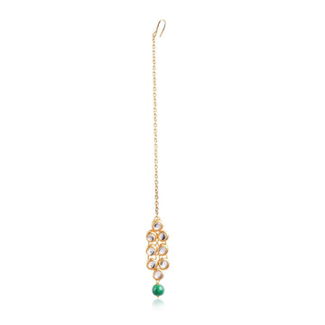 Traditional Gold Plated Green Beads Kundan Maangtikka for Women