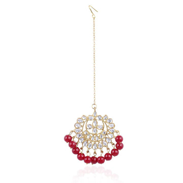 Traditional Gold Plated Red Beads Kundan Maangtikka for Women