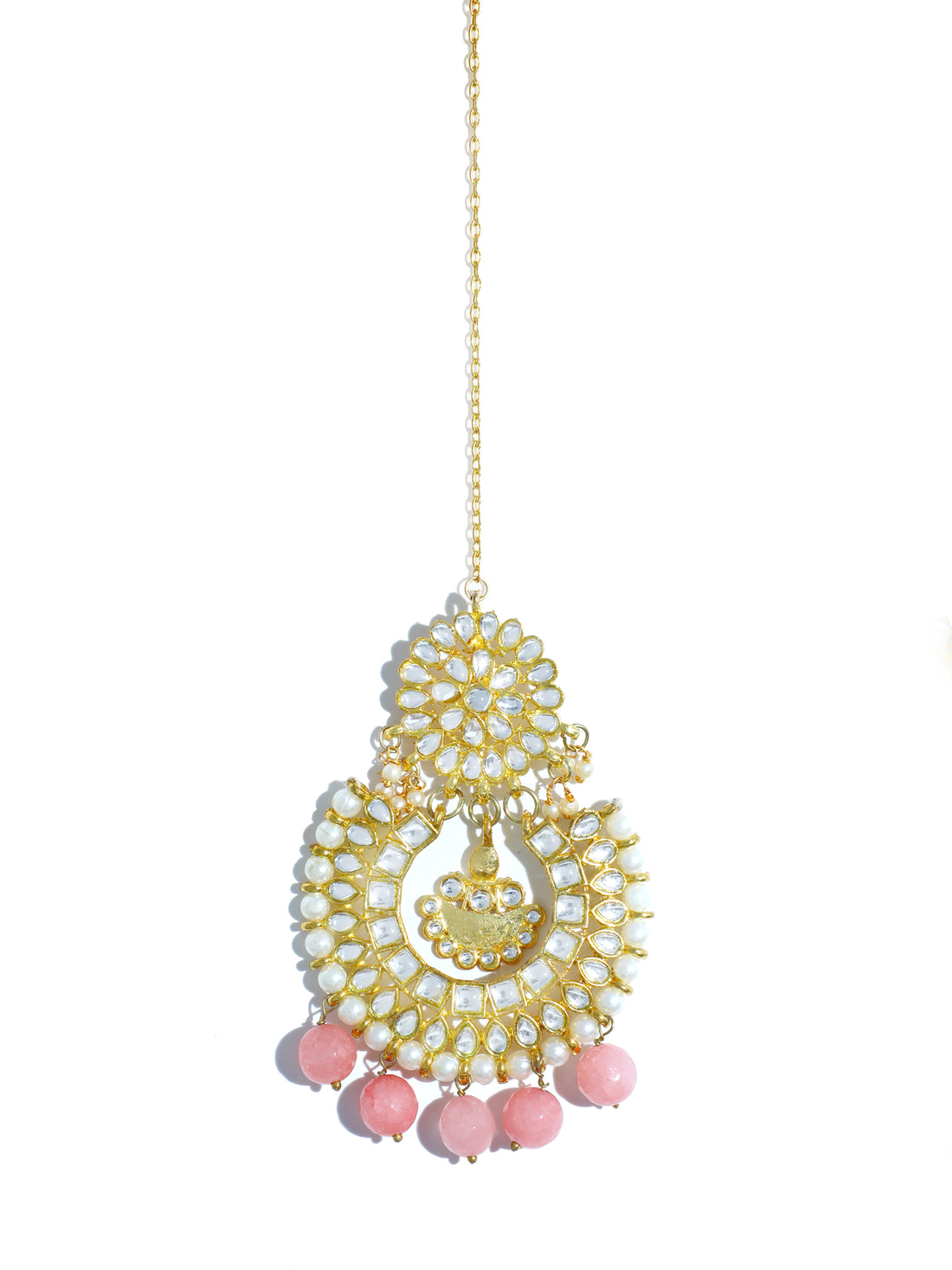 Traditional Gold Plated Pink Beads Kundan Maangtikka for Women