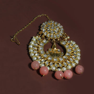 Traditional Gold Plated Pink Beads Kundan Maangtikka for Women