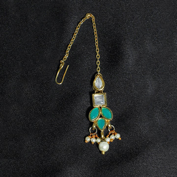 Traditional Gold Plated Pearl Beads Mint Blue Kundan Maangtikka for Women