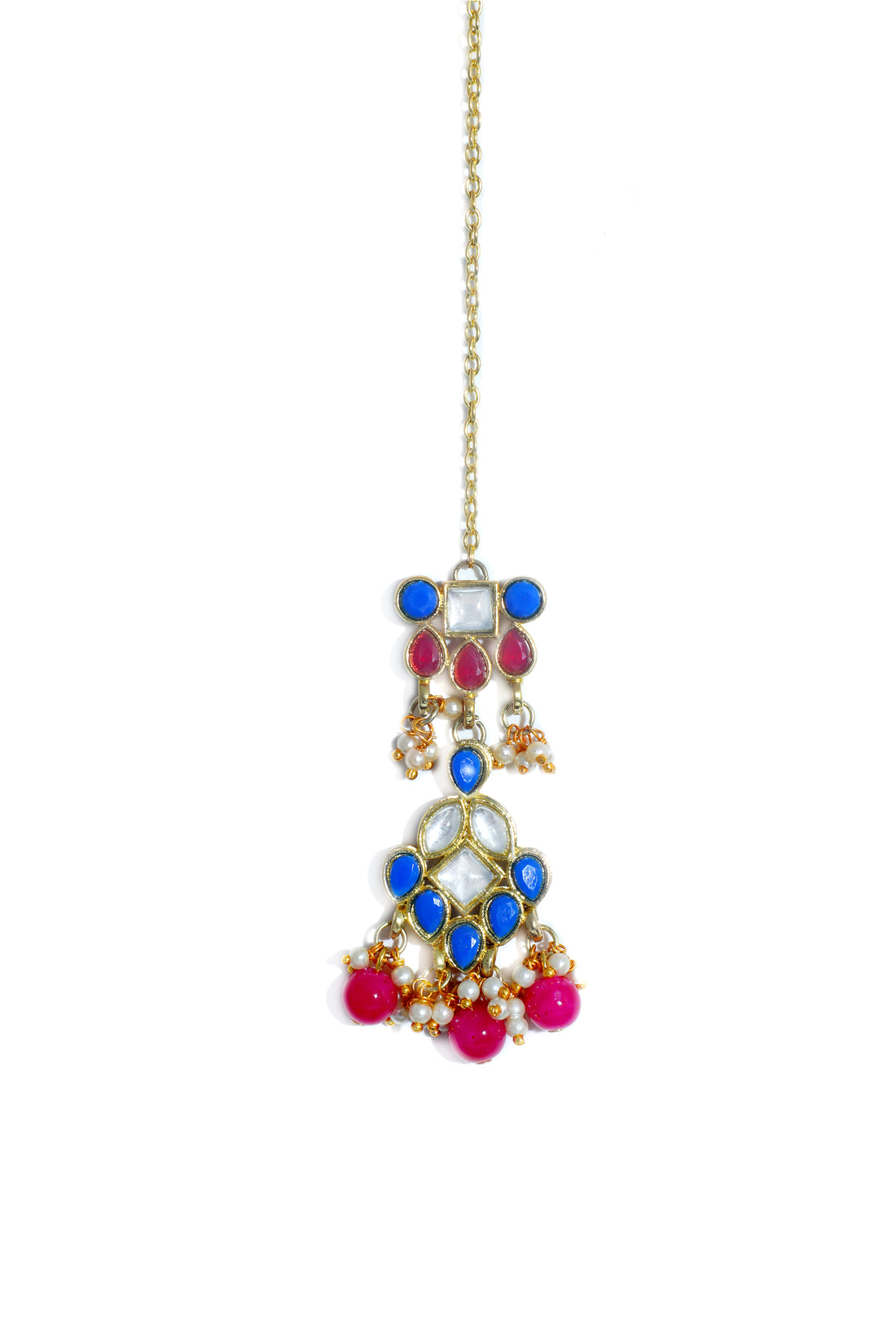 Traditional Gold Plated Pink and Blue Kundan Maangtikka for Women