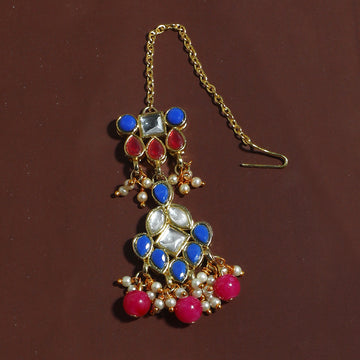 Traditional Gold Plated Pink and Blue Kundan Maangtikka for Women