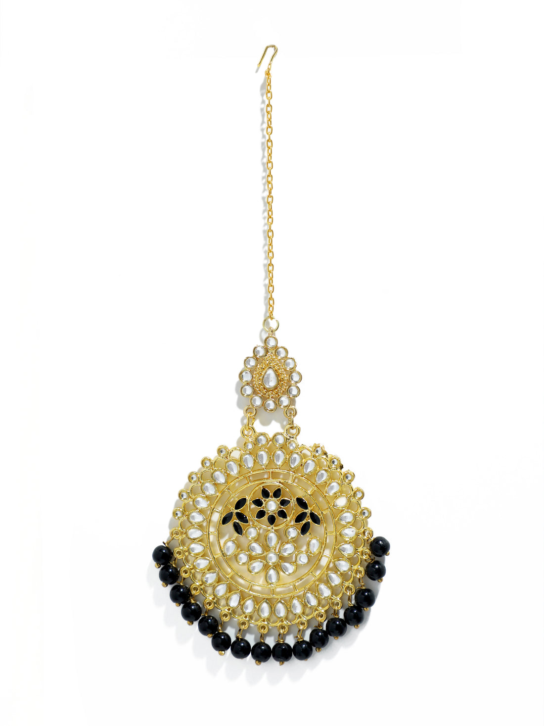 Traditional Large Gold Plated Black Beads Kundan Maangtikka for Women