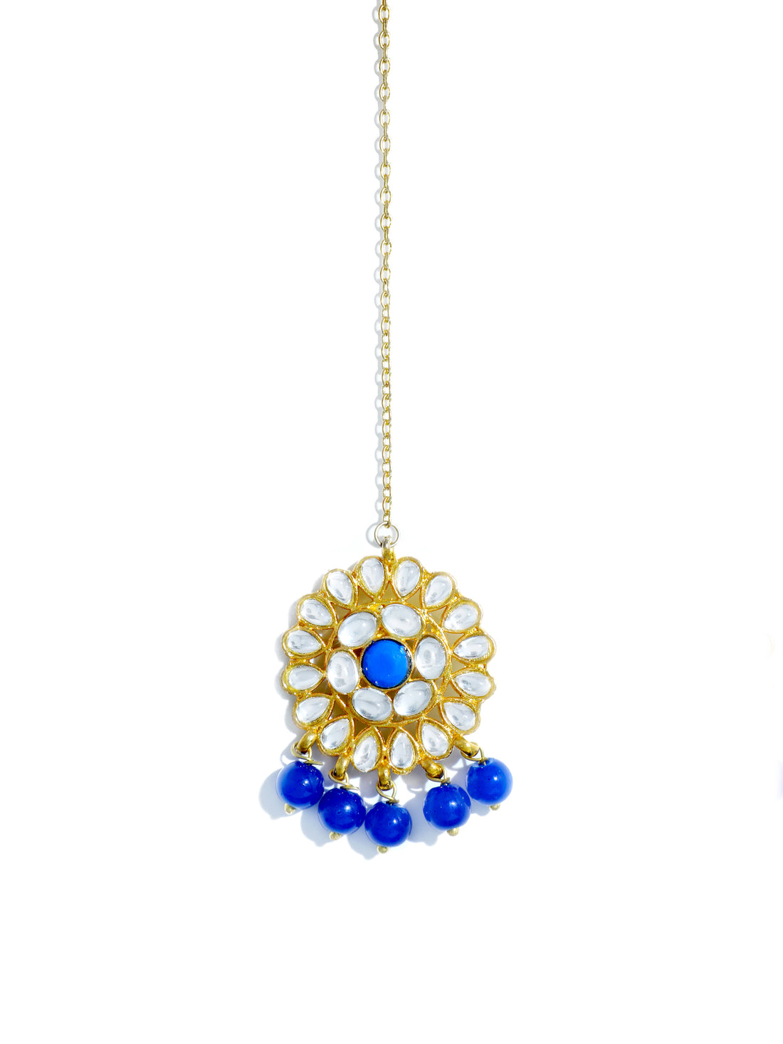 Traditional Gold Plated Blue Beads Kundan Maangtikka with Blue Center for Women